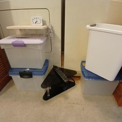 Plastic office file boxes, trash can and corner desk shelf