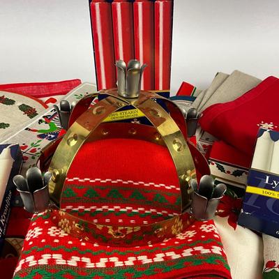 713 Vintage Swedish Linen Lot With Lucia Crown Candle Holder