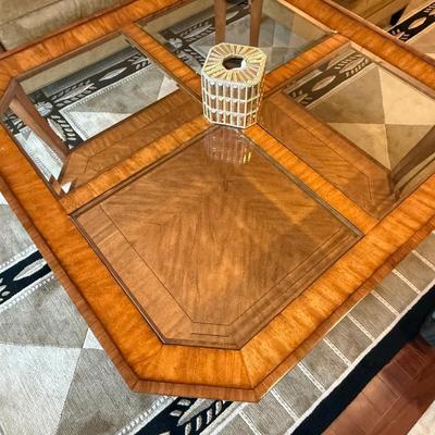 Wood and glass coffee table with bottom shelf