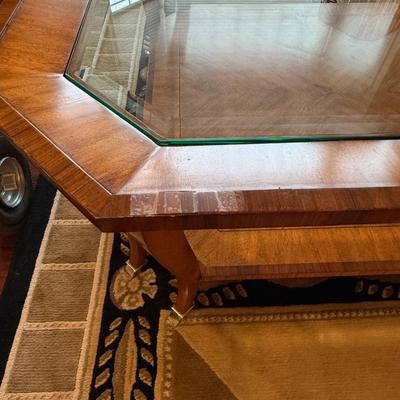 Wood and glass coffee table with bottom shelf