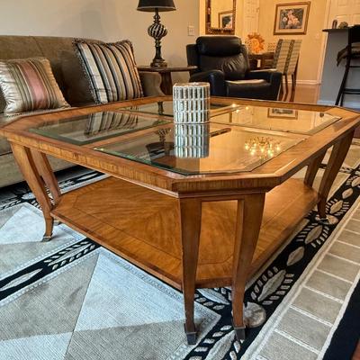 Wood and glass coffee table with bottom shelf