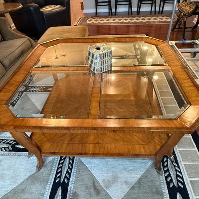 Wood and glass coffee table with bottom shelf