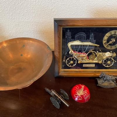 Vintage clock, copper bowl and more