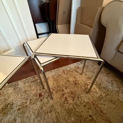 Three great white and chrome side tables