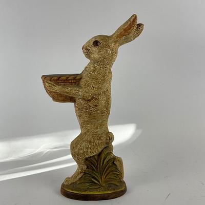 723 Vaillancourt Folk Art Chalkware Brown/White Rabbit With Basket on Front