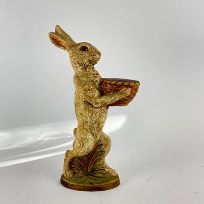 723 Vaillancourt Folk Art Chalkware Brown/White Rabbit With Basket on Front