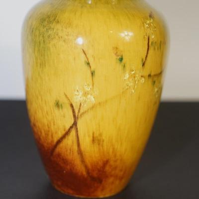 ANTIQUE ROCK POTTERY VASE GLAZED MUSTARD COLORED YELLOW/ BROWN WILDFLOWERS