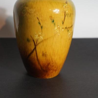 ANTIQUE ROCK POTTERY VASE GLAZED MUSTARD COLORED YELLOW/ BROWN WILDFLOWERS