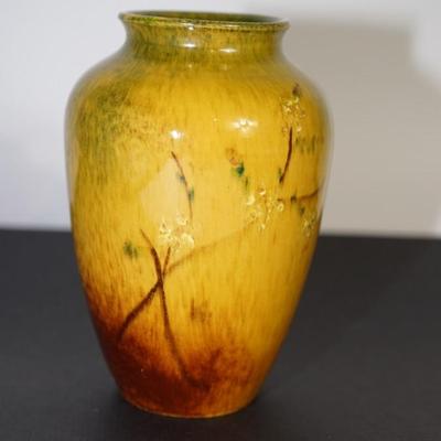 ANTIQUE ROCK POTTERY VASE GLAZED MUSTARD COLORED YELLOW/ BROWN WILDFLOWERS