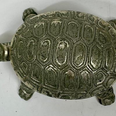 Turtle shaped Trinket Silver Plated Turtle Pill Box with tiny Metal Tweezers