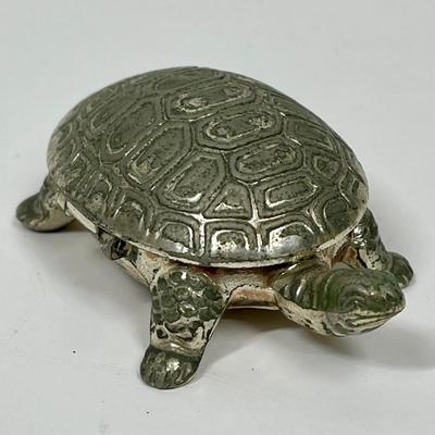 Turtle shaped Trinket Silver Plated Turtle Pill Box with tiny Metal Tweezers
