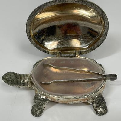 Turtle shaped Trinket Silver Plated Turtle Pill Box with tiny Metal Tweezers