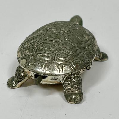Turtle shaped Trinket Silver Plated Turtle Pill Box with tiny Metal Tweezers