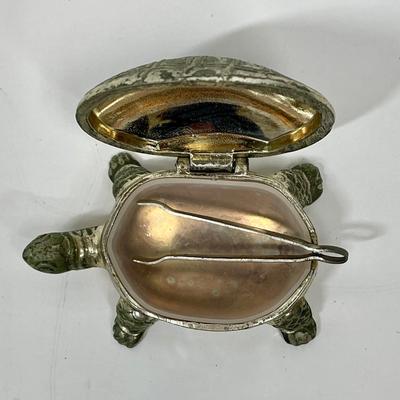 Turtle shaped Trinket Silver Plated Turtle Pill Box with tiny Metal Tweezers