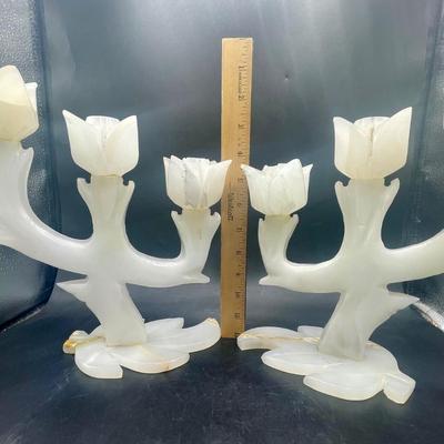 Pair of Vintage Hand Carved Marble Three Tulip Candle Holder Candelabra Mexico