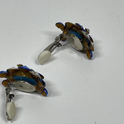Vintage clip-on Earrings blue and clear rhinestones