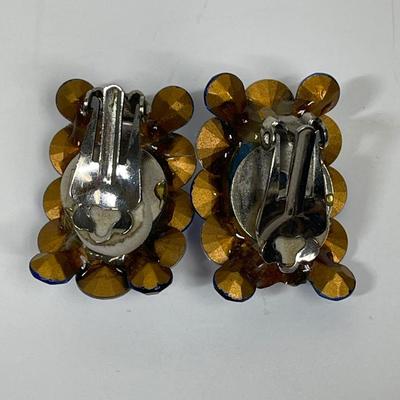 Vintage clip-on Earrings blue and clear rhinestones