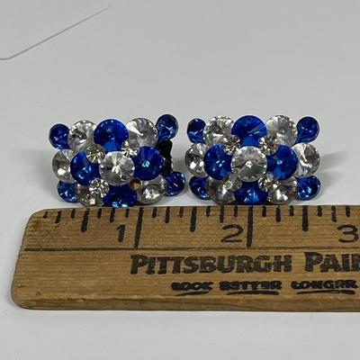 Vintage clip-on Earrings blue and clear rhinestones