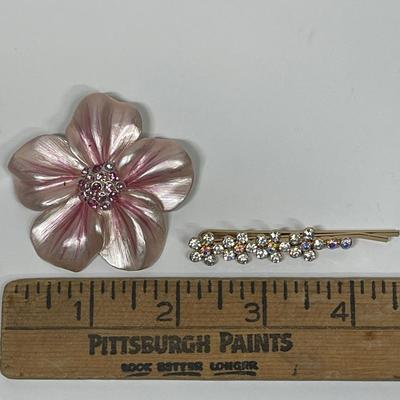 Light Pink Flower Brooch Pin and bedazzled hair pin