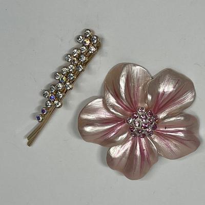 Light Pink Flower Brooch Pin and bedazzled hair pin