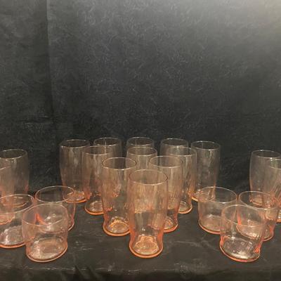 15 PINK DEPRESSION TUMBLERS AND 6 ROCKS GLASSES