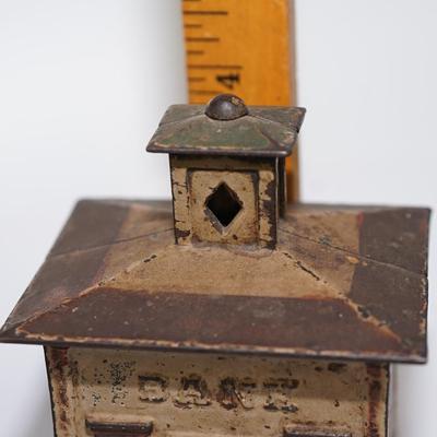 ANTIQUE CAST IRON STILL BANKS IN FORM OF BUILDINGS " BANKS" 4 1/2" -PAIR