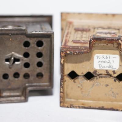 ANTIQUE CAST IRON STILL BANKS IN FORM OF BUILDINGS " BANKS" 4 1/2" -PAIR