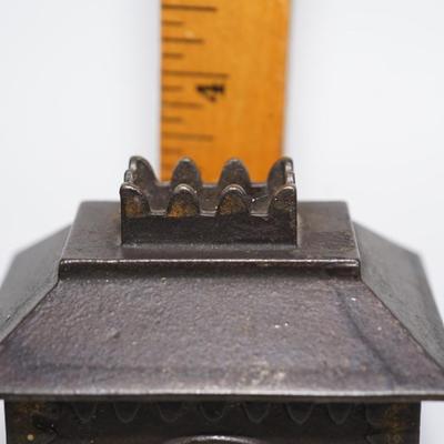 ANTIQUE CAST IRON STILL BANKS IN FORM OF BUILDINGS " BANKS" 4 1/2" -PAIR