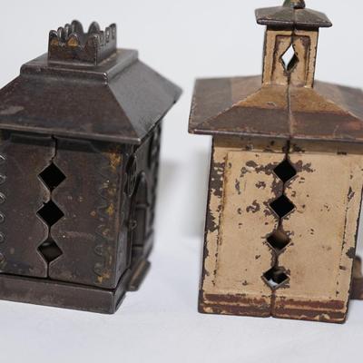 ANTIQUE CAST IRON STILL BANKS IN FORM OF BUILDINGS " BANKS" 4 1/2" -PAIR