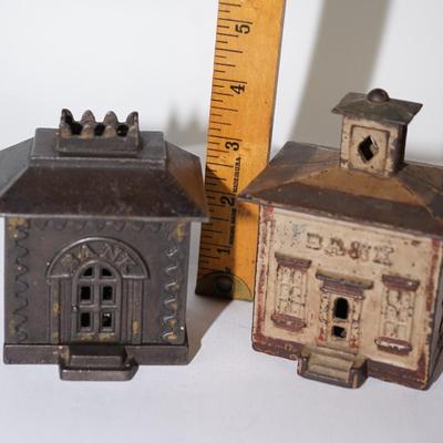 ANTIQUE CAST IRON STILL BANKS IN FORM OF BUILDINGS " BANKS" 4 1/2" -PAIR