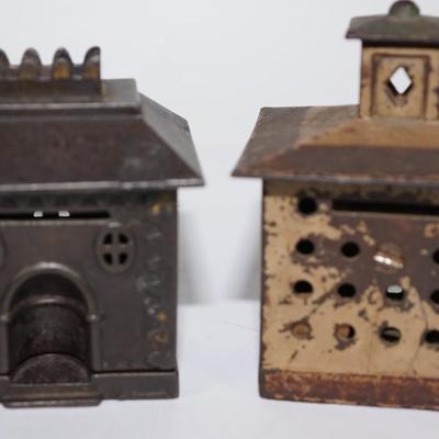 ANTIQUE CAST IRON STILL BANKS IN FORM OF BUILDINGS " BANKS" 4 1/2" -PAIR
