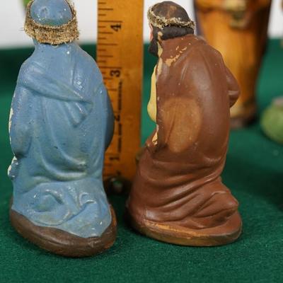 VINTAGE GERMAN PAPER MACHIE NATIVITY SCENE FIGURINES. 6 1/2" HAND PAINTED