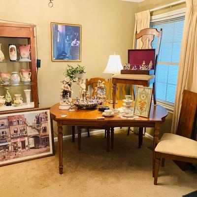 Lot 1: Dining Table, Marble Display Shelf, Collector Vases & More