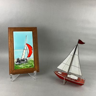 530 Framed Sailboat Tile Picture with Stained Glass Sailboat