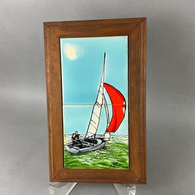 530 Framed Sailboat Tile Picture with Stained Glass Sailboat