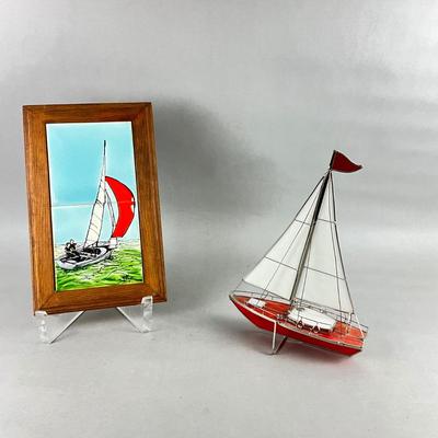 530 Framed Sailboat Tile Picture with Stained Glass Sailboat