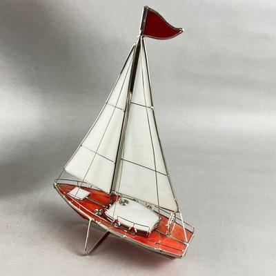 530 Framed Sailboat Tile Picture with Stained Glass Sailboat