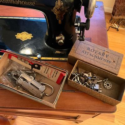 566 Antique Westinghouse Sewing Machine & Stand with Books and Chair