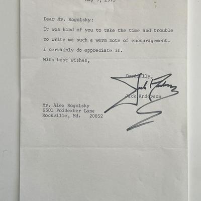 Newspaper columnist Jack Anderson signed note 