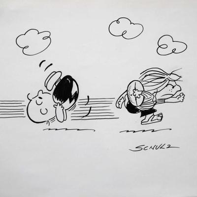 Charles Schulz drawn and signed Peanuts sketch drawing 