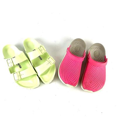 597 Pair of NEW BIRKENSTOCK Slip on Sandals with Pink Crocs