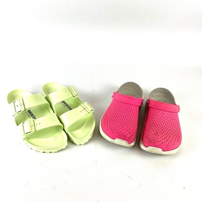 597 Pair of NEW BIRKENSTOCK Slip on Sandals with Pink Crocs