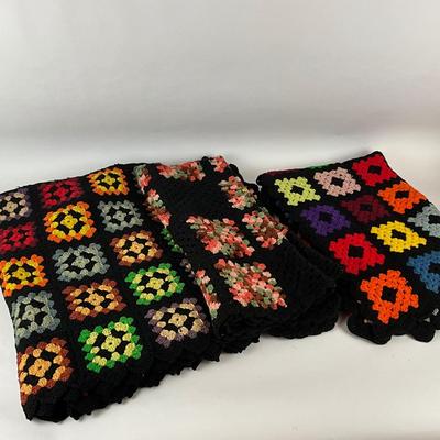 615 Lot of Three Black Base Crocheted Blankets with Scalloped Edge