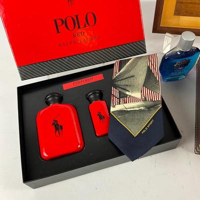657 Ralph Lauren Polo Red with Leather Travel Bag , Marquetry Sailboat Art and Tie