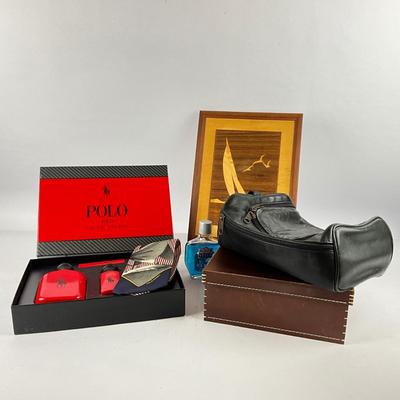 657 Ralph Lauren Polo Red with Leather Travel Bag , Marquetry Sailboat Art and Tie