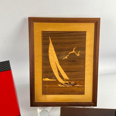657 Ralph Lauren Polo Red with Leather Travel Bag , Marquetry Sailboat Art and Tie