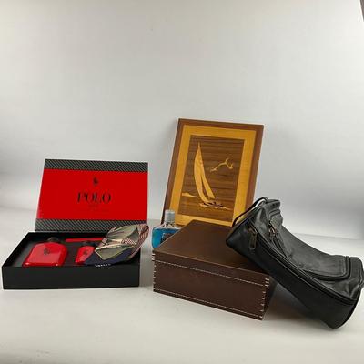657 Ralph Lauren Polo Red with Leather Travel Bag , Marquetry Sailboat Art and Tie