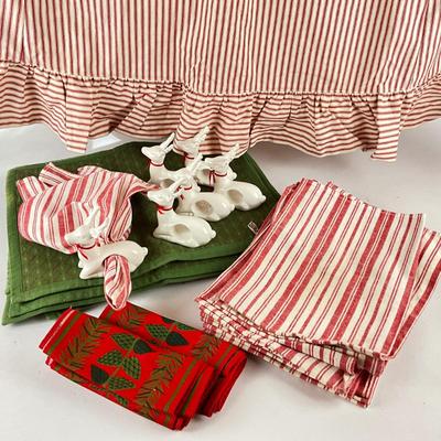 685 Kitchen Apron Red Ticking with Dish Towel and White Deer Napkin Rings