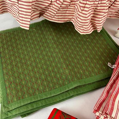 685 Kitchen Apron Red Ticking with Dish Towel and White Deer Napkin Rings