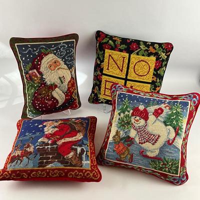 688 Lot of Four Christmas Needlepoint Pillows